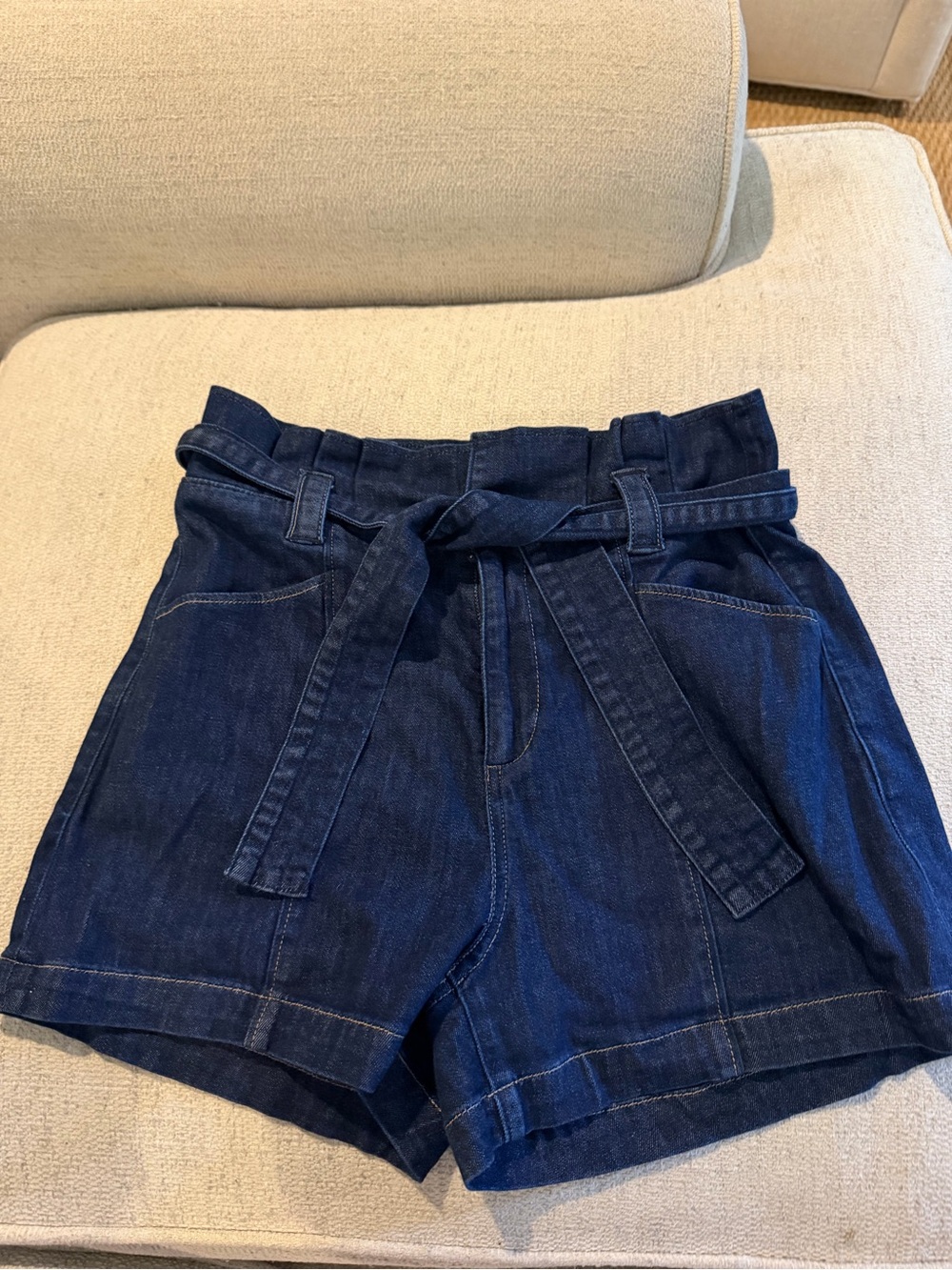 PAIGE Dark Indigo High-Waist Paperbag Shorts with Tie